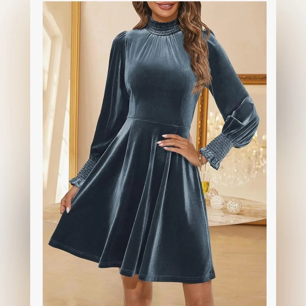 ZESICA Women's Velvet Mini Dresses Spring Long Sleeve High Neck Elastic E24 - Picture 2 of 8